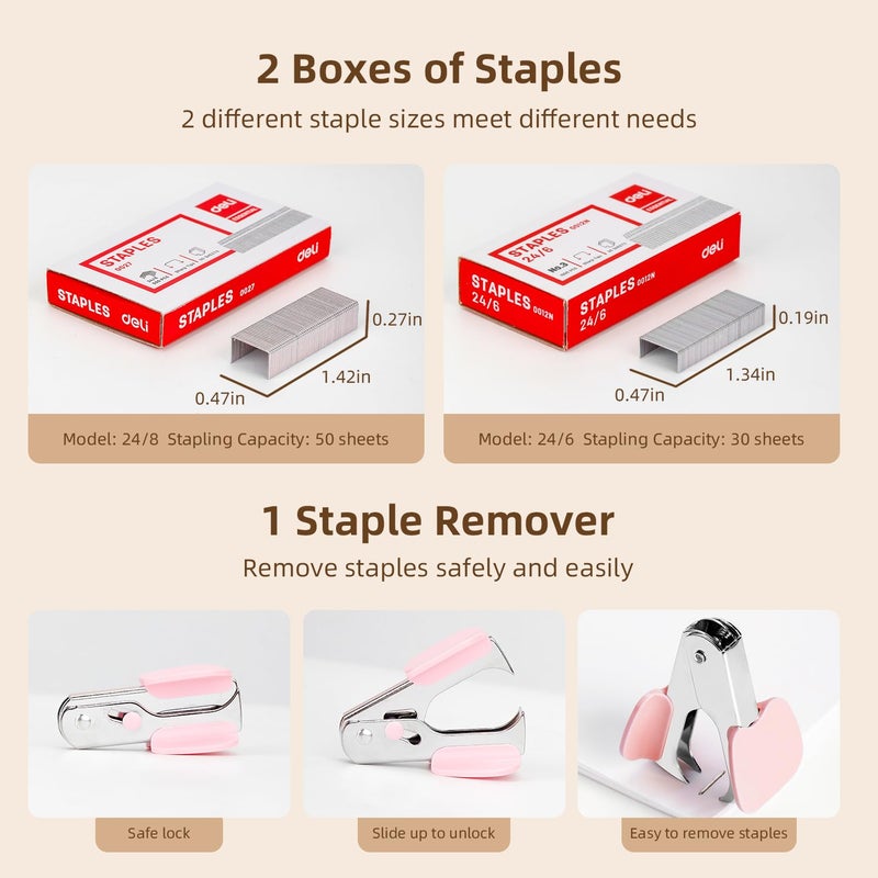 Deli Effortless Desktop Stapler, Heavy Duty Stapler, 40 Sheet Capacity, One Finger, No Effort, Includes Staples & Staple Remover, Pink - Image 5